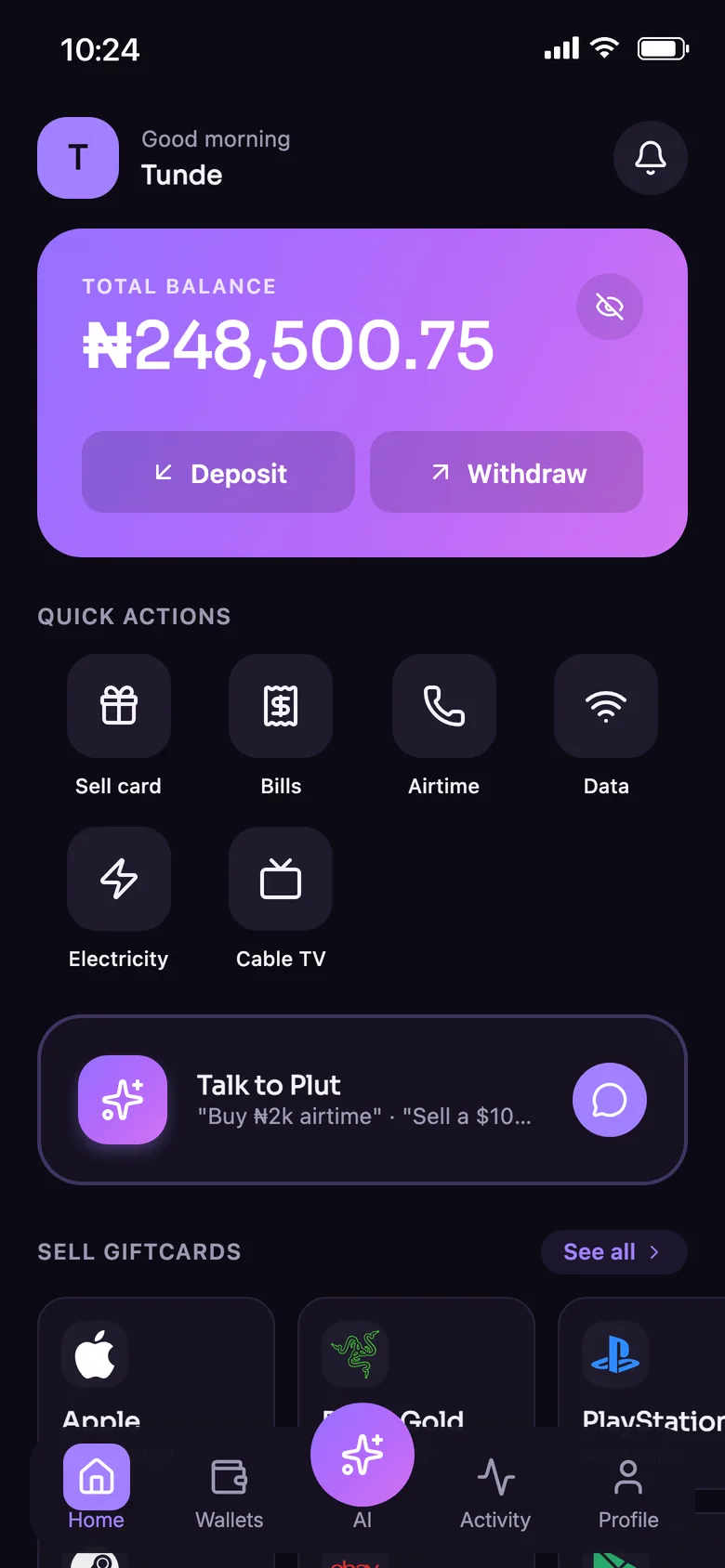 Plut home screen with the Naira balance