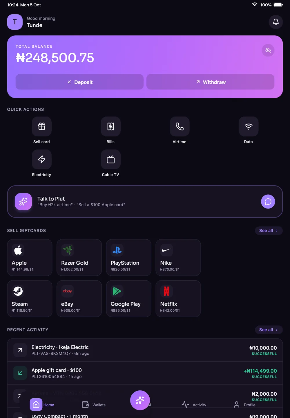 Plut home screen on an iPad with the Naira balance, quick actions, gift cards and recent activity